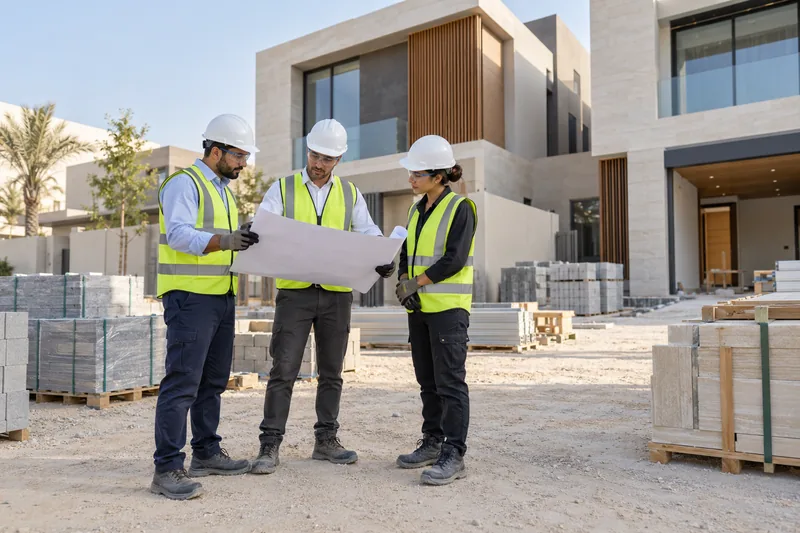 Illustrative construction team in PPE reviewing a plan before work