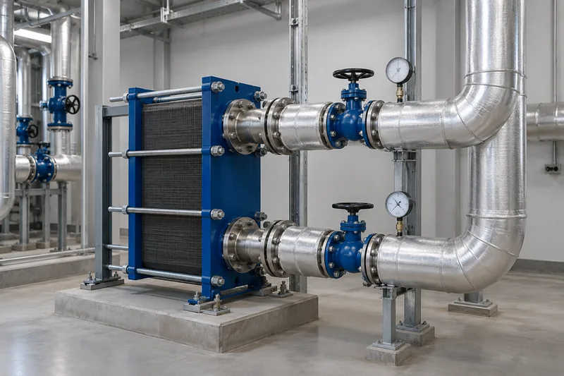 HVAC plant equipment with insulated pipes and pressure gauges
