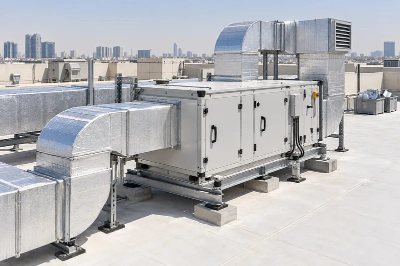 Organized rooftop ventilation equipment and insulated ductwork
