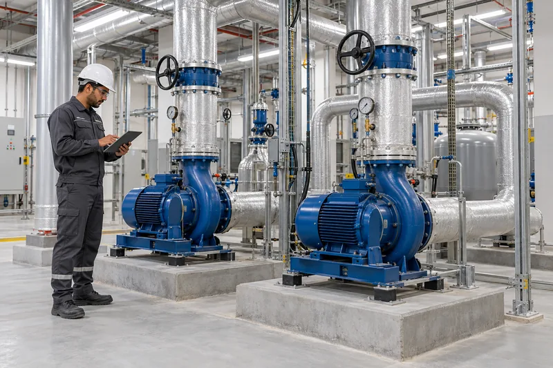 Facility engineer inspecting pumps and pipework in a plant room