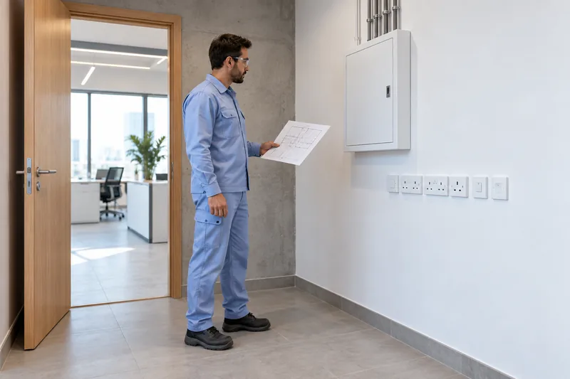 Engineer reviewing a completed electrical installation against a drawing