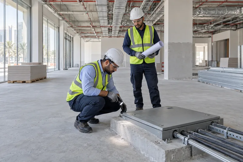 MEP technicians wearing PPE while inspecting a closed enclosure in a fit-out