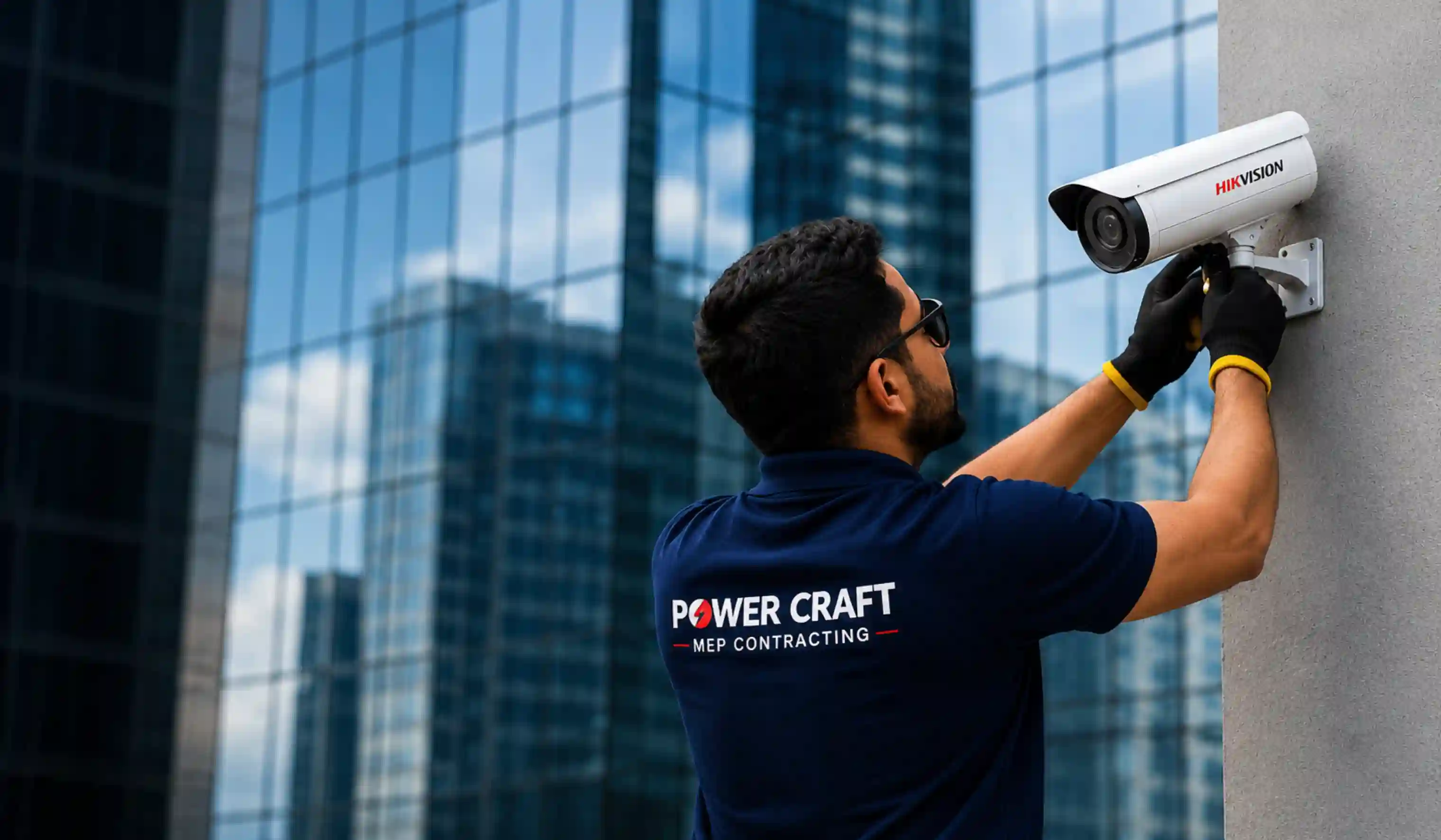 Power Craft MEP technician installing CCTV camera for a Dubai commercial building