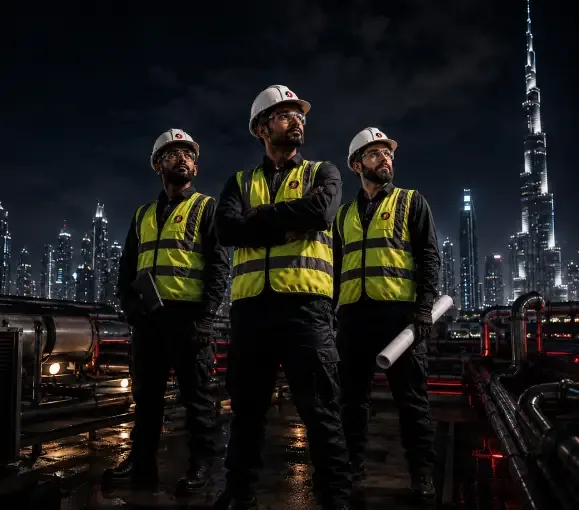 Power Craft MEP contracting team with Dubai skyline
