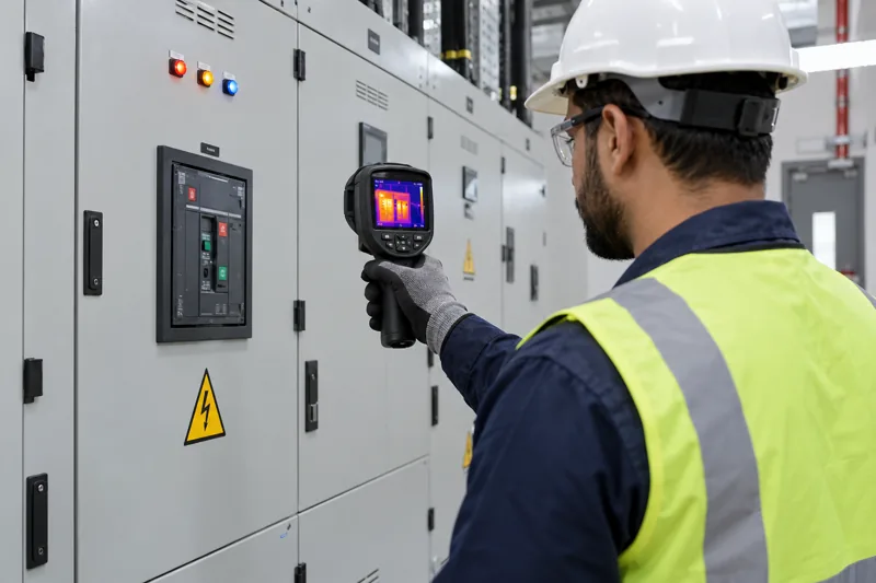 Technician inspecting a closed electrical distribution board with a thermal camera