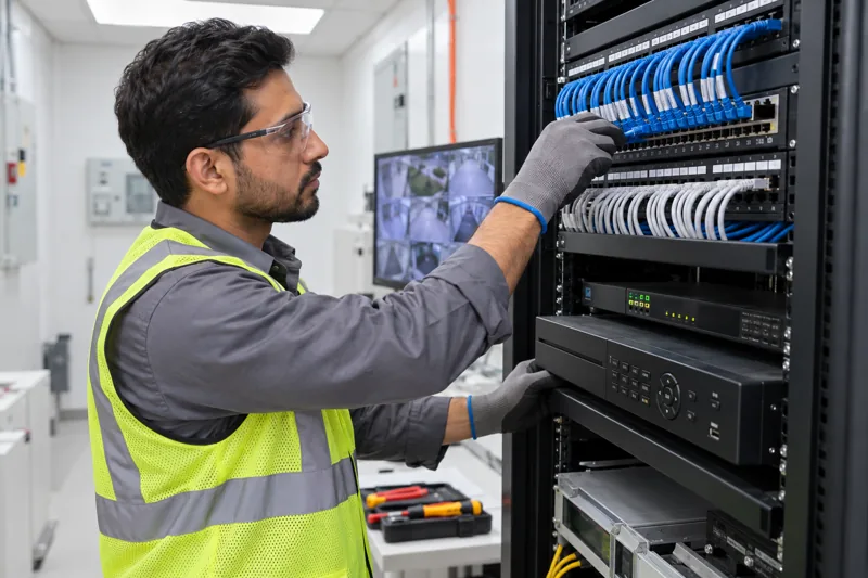 Technician checking a CCTV recorder and network patch panel
