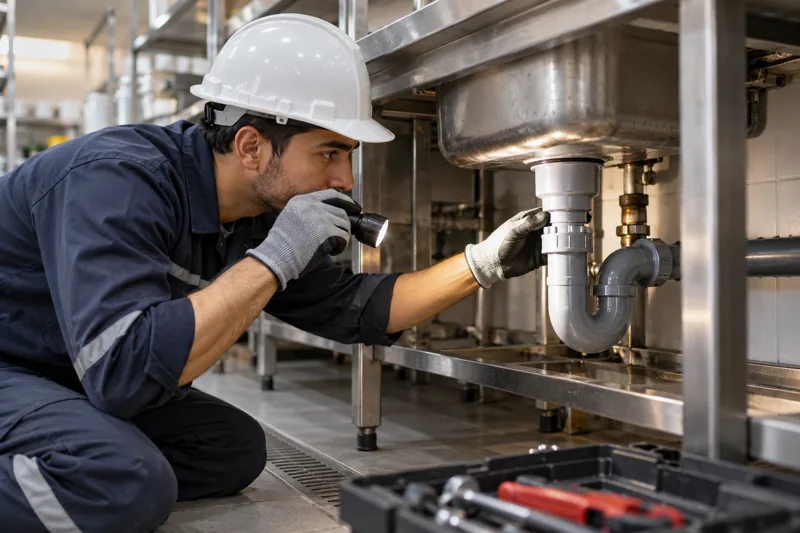 Plumber inspecting a sink trap and drainage connection