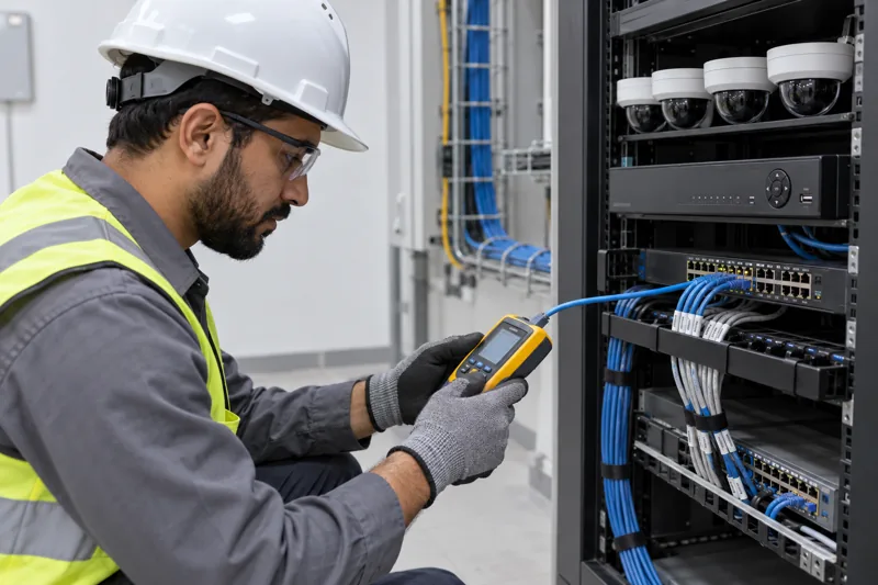 Network cable testing beside a CCTV equipment rack