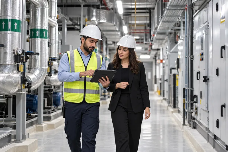 Engineer and facility manager discussing a building maintenance checklist