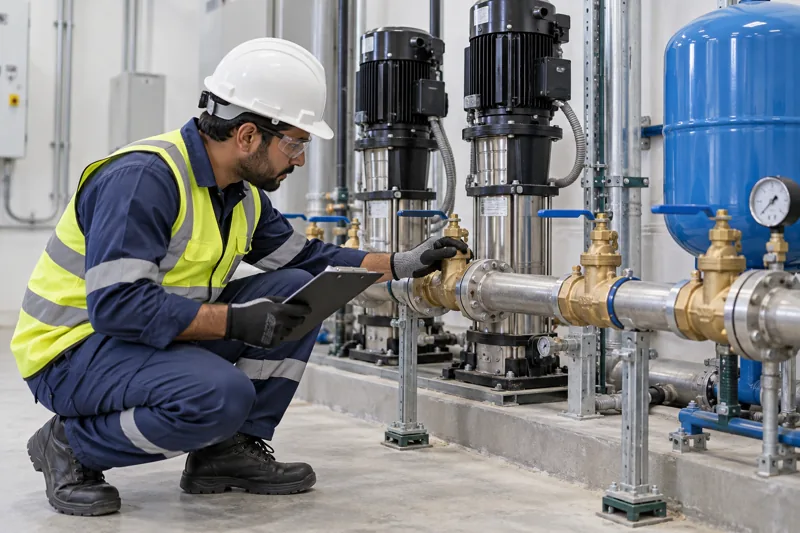 Plumber inspecting water booster pumps and supply valves