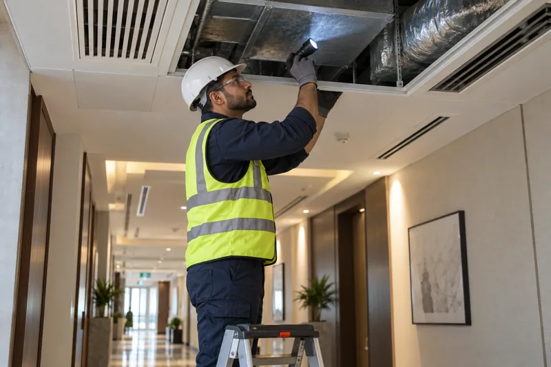 Engineer inspecting ventilation ductwork through a ceiling access point