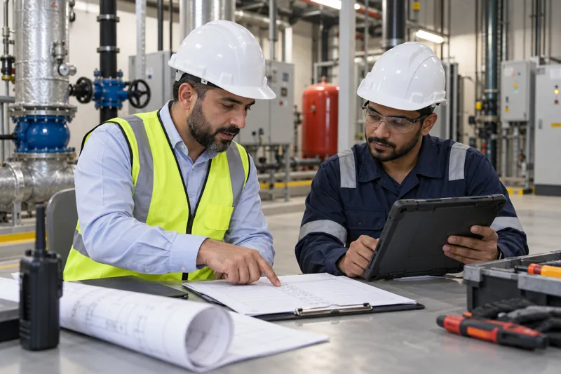 Engineer and facility manager reviewing a maintenance report