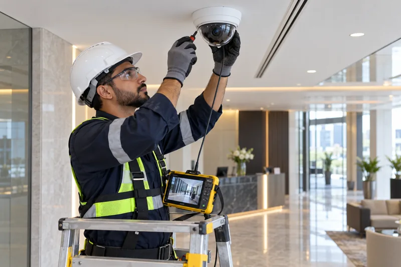 Technician checking an indoor dome security camera