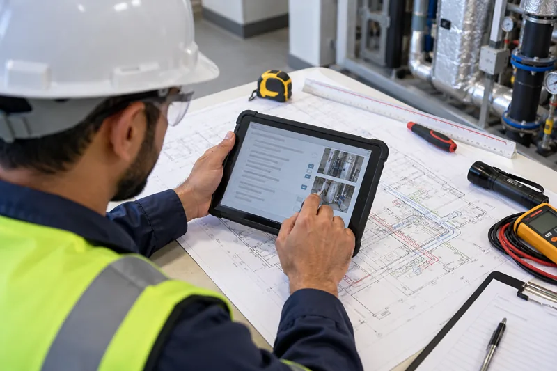 Maintenance engineer preparing a service report on a tablet