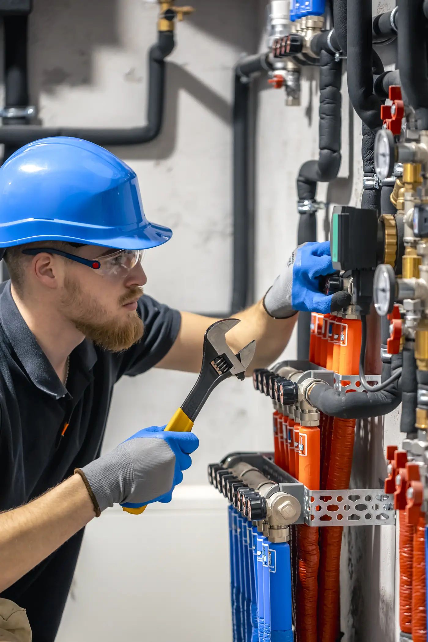 MEP maintenance technician inspecting boiler room systems in Dubai building