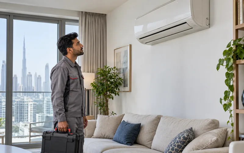 Technician assessing an air-conditioning issue during a corrective visit