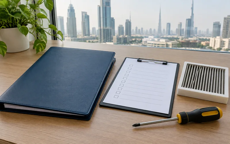 Maintenance folder, checklist and service tools arranged for scope review