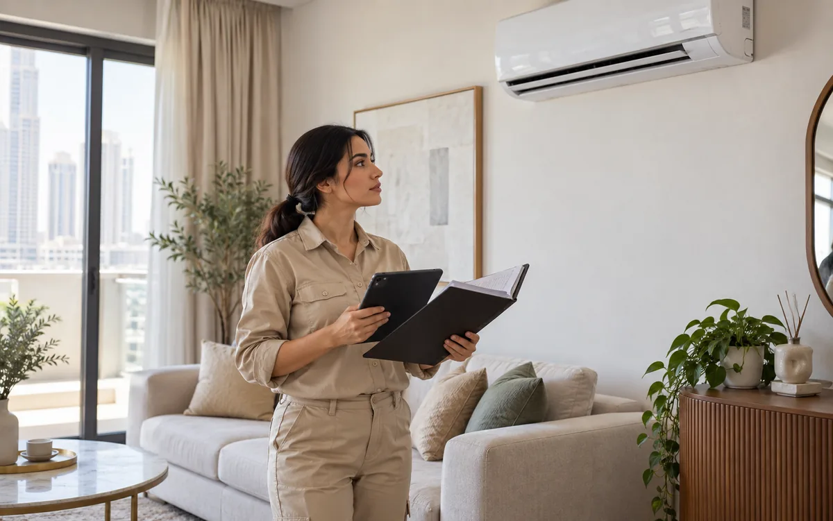 Facility manager reviewing maintenance records beside an air-conditioning unit