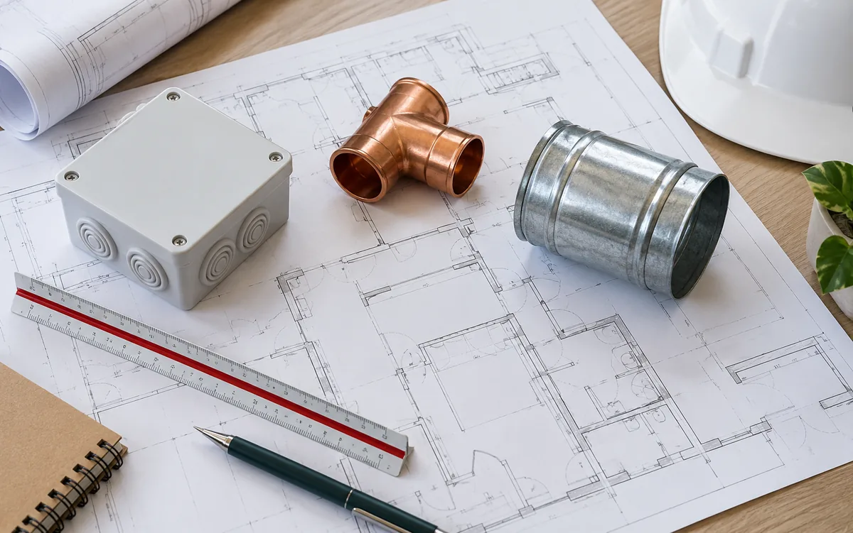 Engineering drawings and building-service samples arranged for scope planning