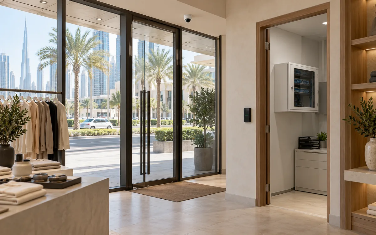 Security camera and access-control reader at a commercial entrance