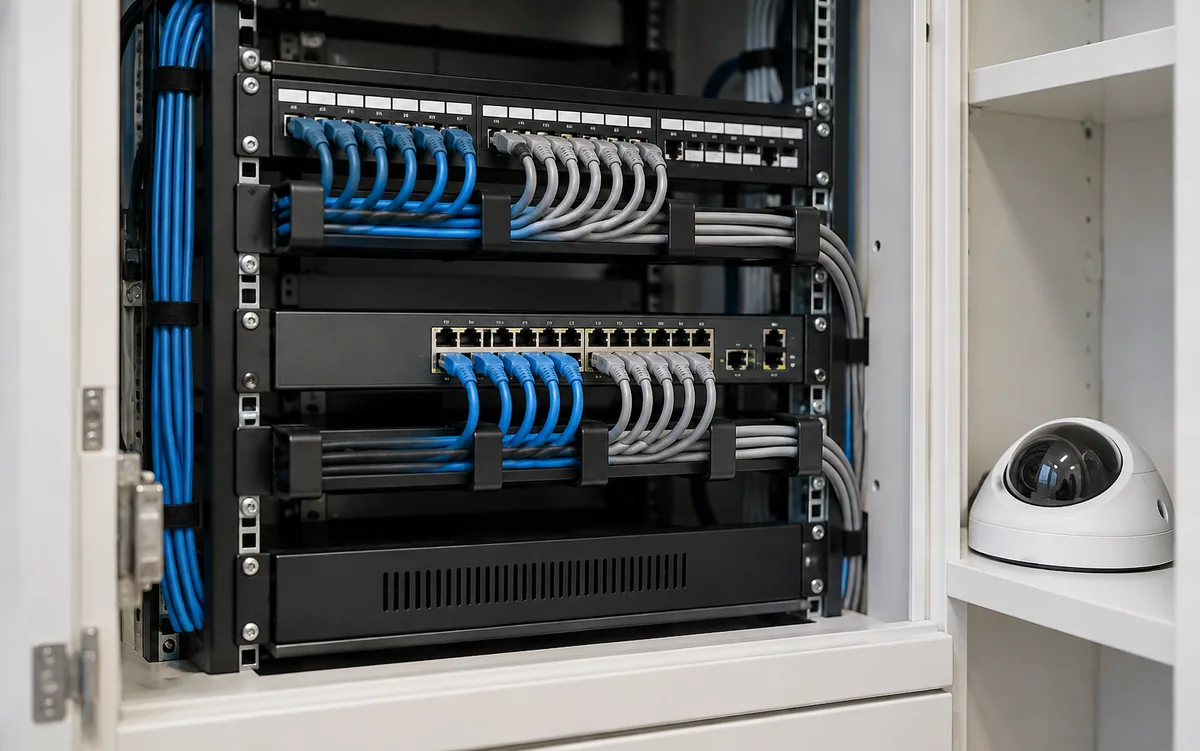 Organized office network rack with structured cabling and CCTV equipment