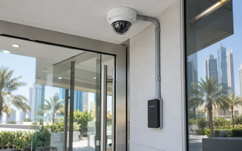 Security camera and access reader positioned at a shop entrance
