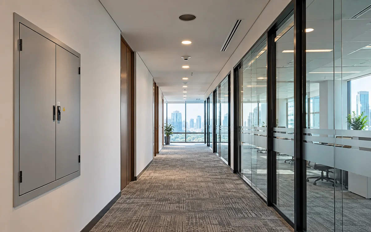 Commercial corridor with an electrical board and lighting fixtures