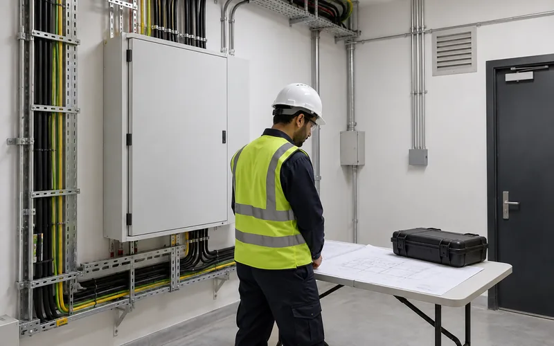 Completed distribution board with drawings and test equipment ready for inspection