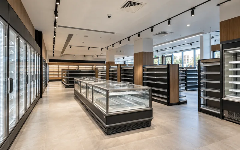 Supermarket interior with coordinated cooling, lighting and security systems