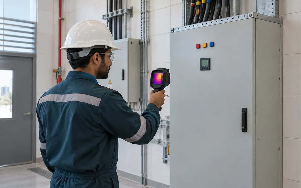 Electrical technician checking a closed distribution board with a thermal camera