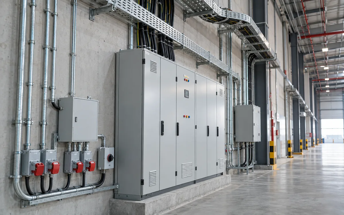 Completed electrical distribution and cable containment in a warehouse