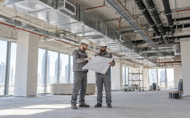 Engineers reviewing coordinated ducts, cable trays and pipes in an office fit-out