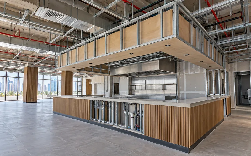 Restaurant fit-out with coordinated ventilation, electrical and plumbing routes