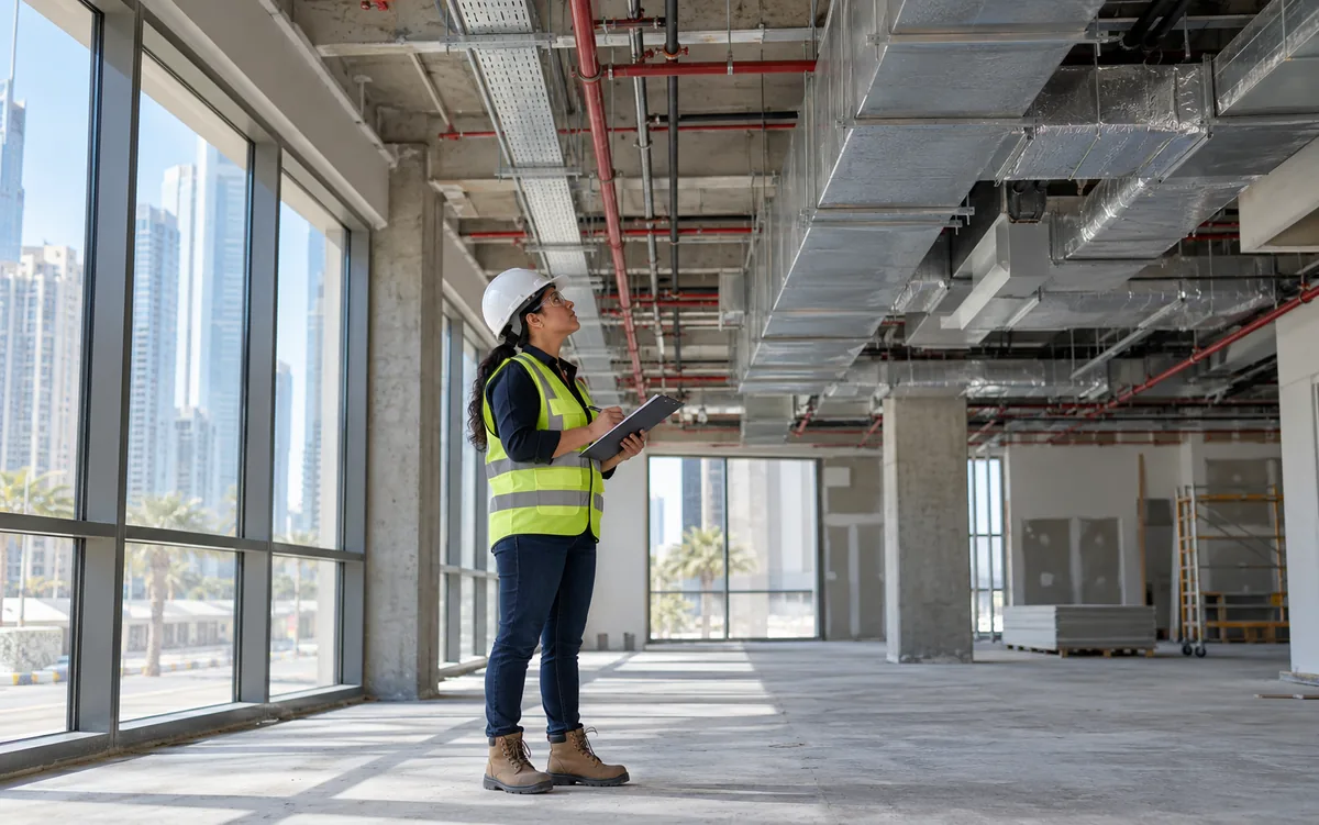 Project engineer checking ceiling service coordination in a retail fit-out