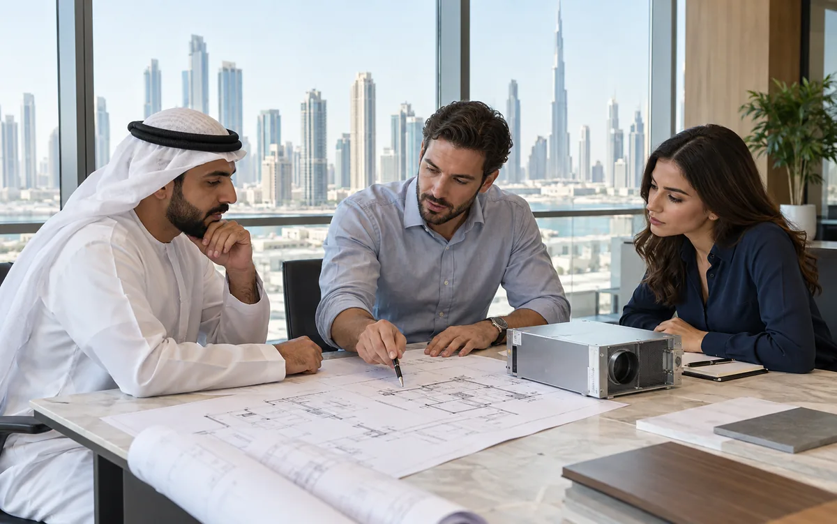 Client and engineers discussing MEP project drawings during a consultation