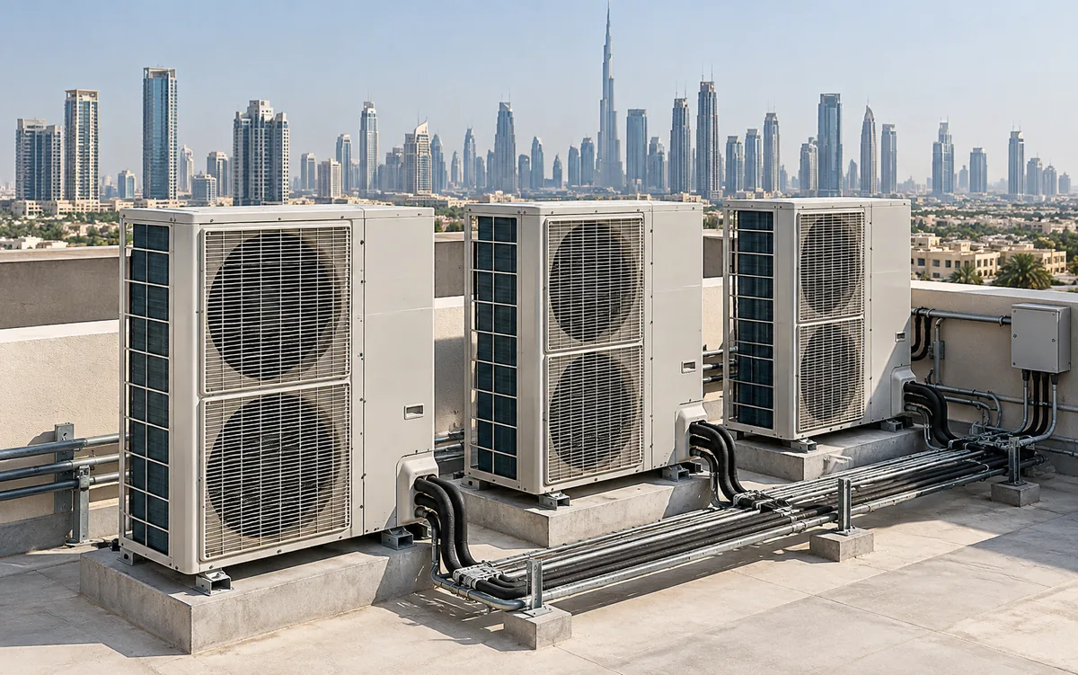 Outdoor air-conditioning units with organized pipework on a commercial rooftop