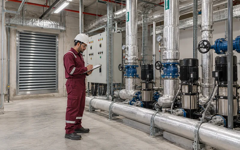 Facility technician recording checks in a commercial building plant room