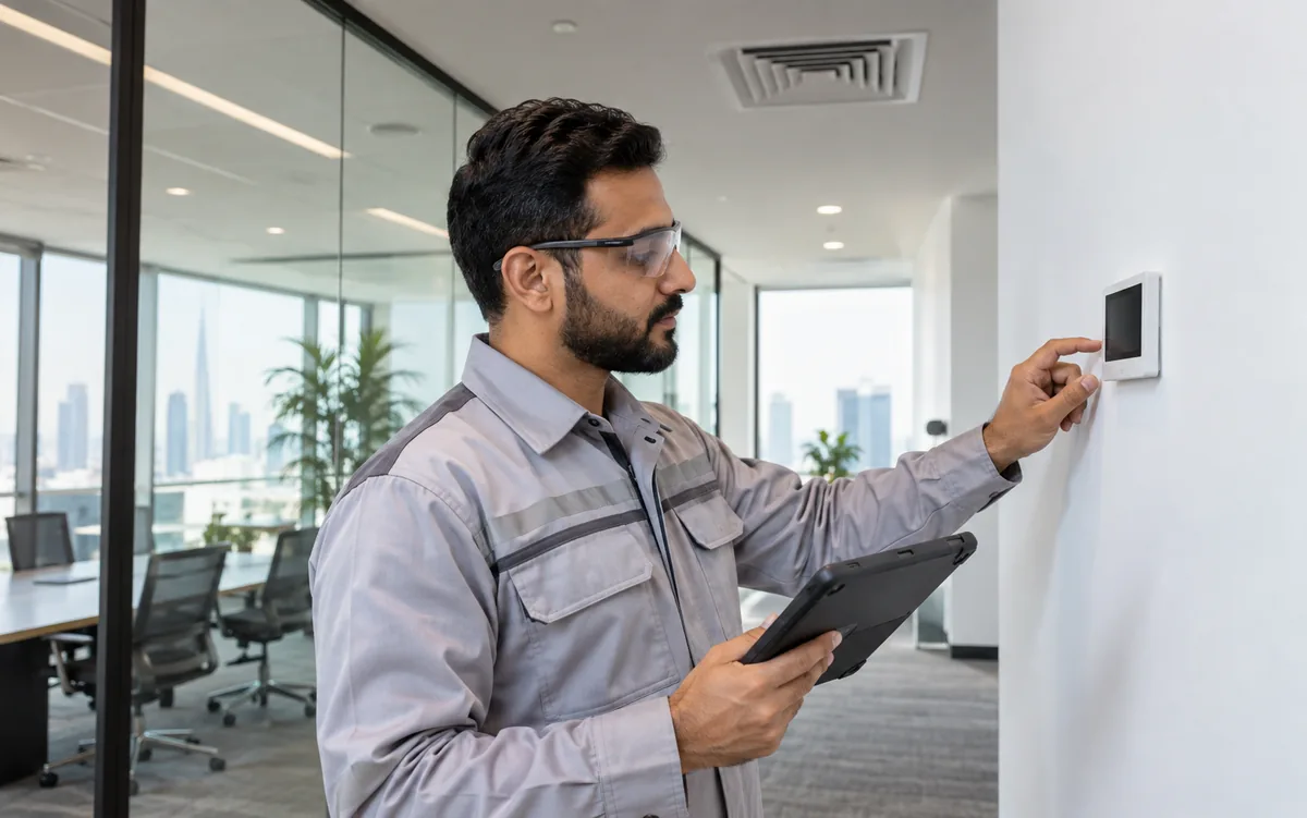 Maintenance technician inspecting an office thermostat and cooling controls