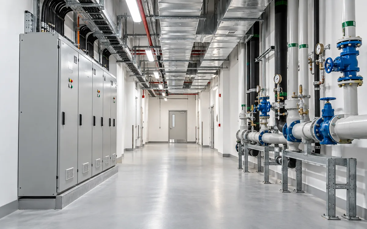 Mechanical ductwork, electrical distribution and water pipes in a building service corridor
