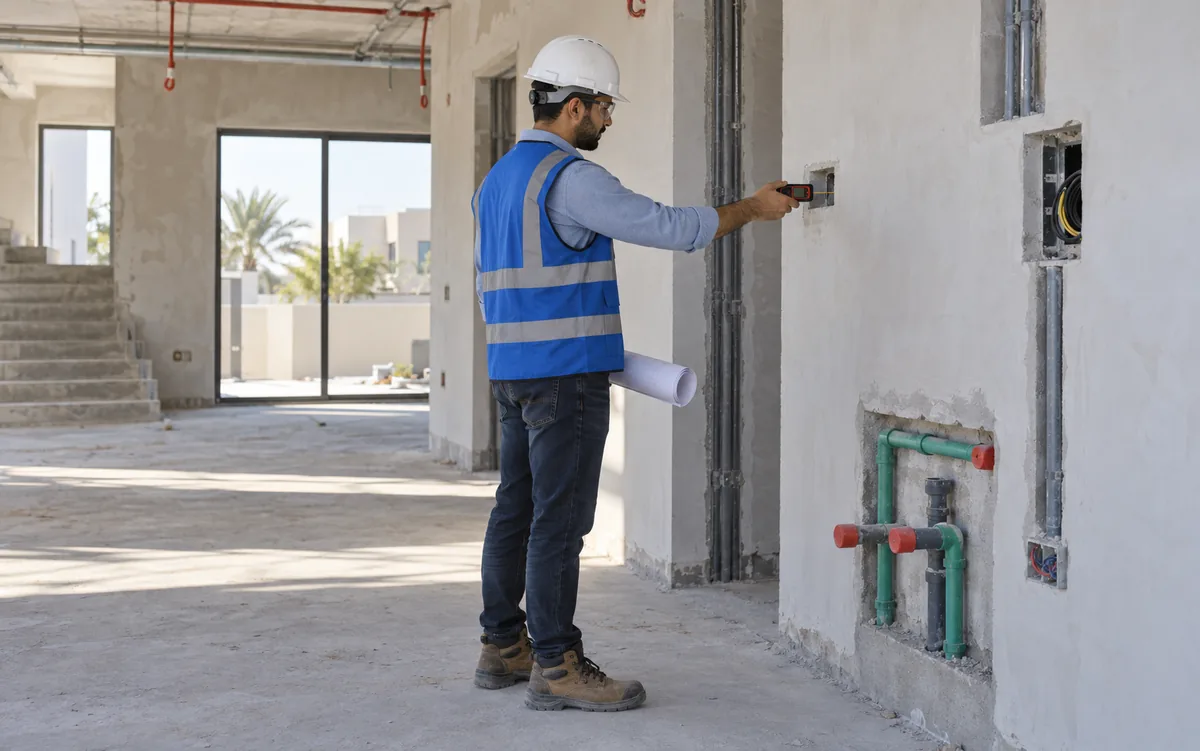Engineer measuring service locations during a villa site inspection