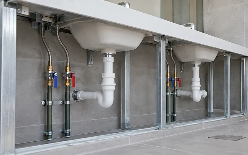 Commercial washroom water supply and drainage installation with accessible valves
