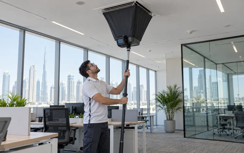 Engineer measuring airflow at an office supply diffuser before handover