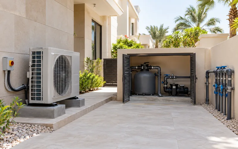 Villa service courtyard with air-conditioning and water-system equipment