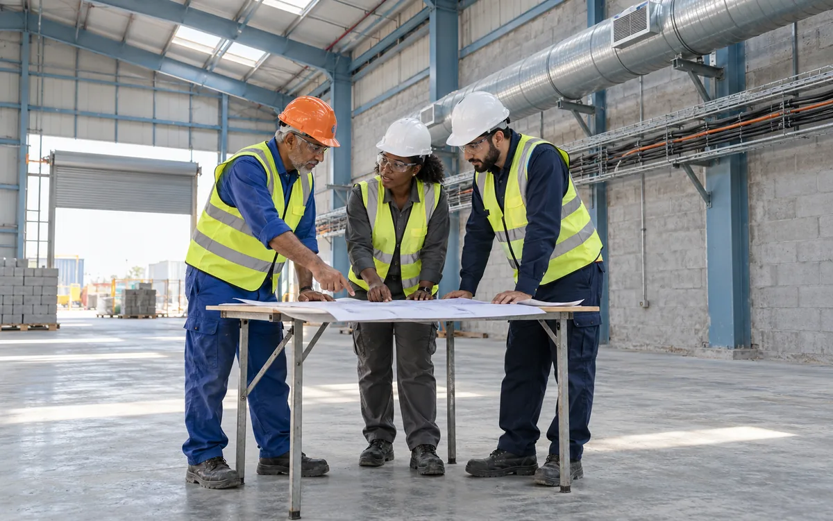 Contractor team coordinating building-service plans at a warehouse project