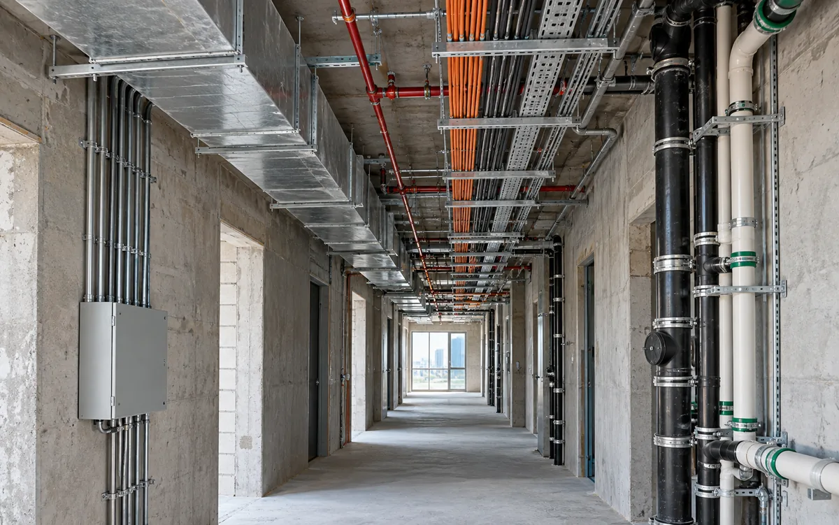 Mechanical, electrical and plumbing first-fix services in an unfinished building corridor