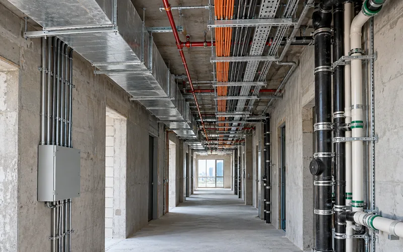 Mechanical, electrical and plumbing first-fix services in an unfinished building corridor