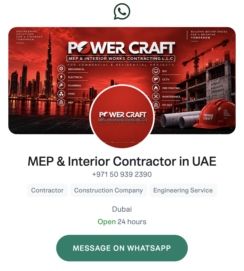 Power Craft MEP branded Dubai construction banner and business profile