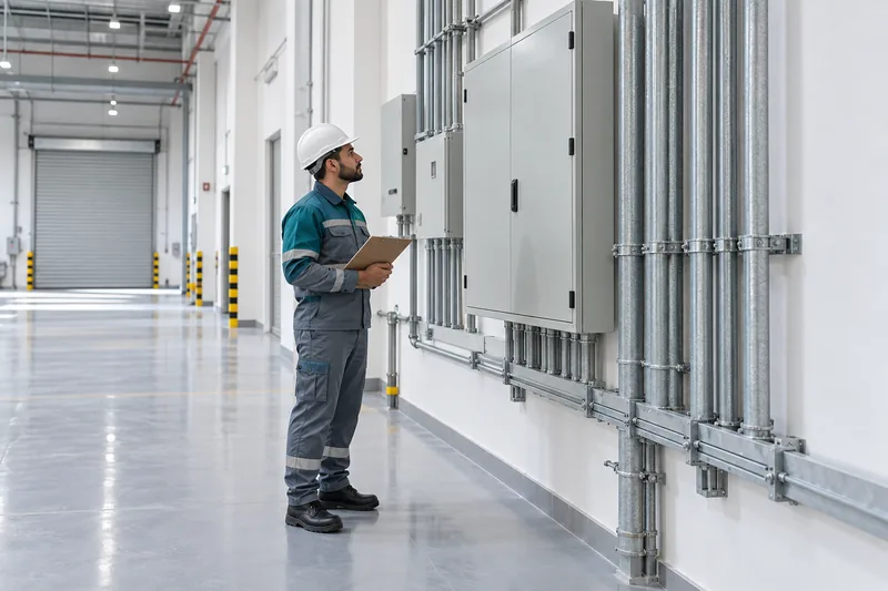 Technician checking building-services equipment during a warehouse maintenance inspection