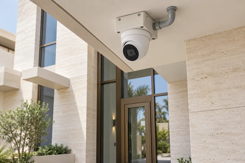 IP security camera with junction box and conduit at a residential entrance