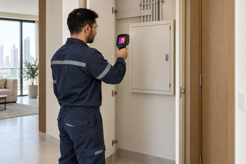 Electrician inspecting a closed distribution board with a handheld thermal camera
